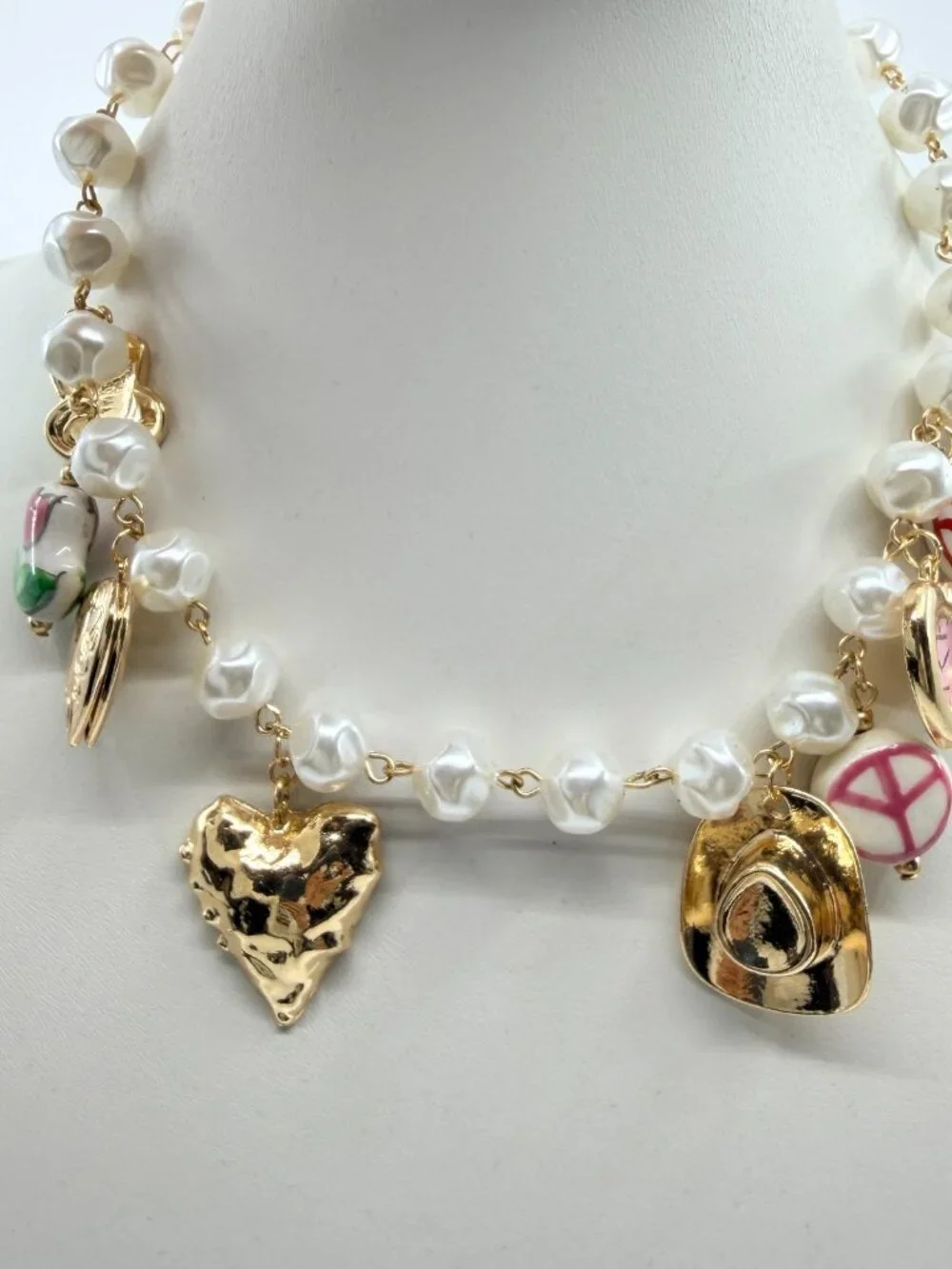 Vintage Gold Tone Faux Pearl Charm Necklace Cowgirl Heart Watch Pendant Quirky
